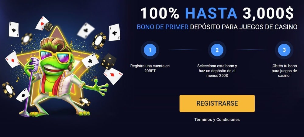 Banner con información sobre el bono de bienvenida de 20bet