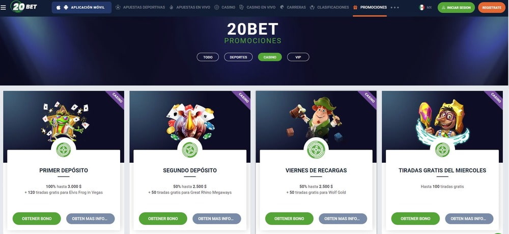 Sección de bonos con tiradas gratuitas en 20bet Casino