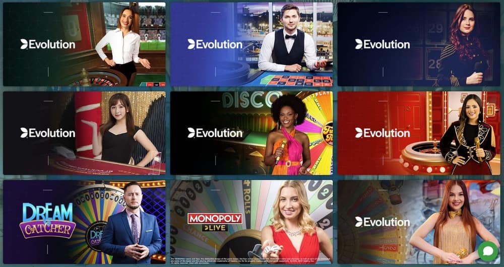 Sección de juegos Evolution en el casino 22bet