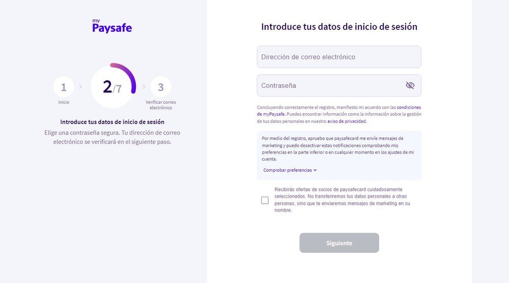 Formulario de acceso a PaySafeCard