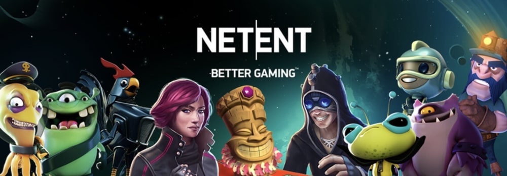 Logotipo de Netent sobre el fondo de personajes de las mejores tragamonedas